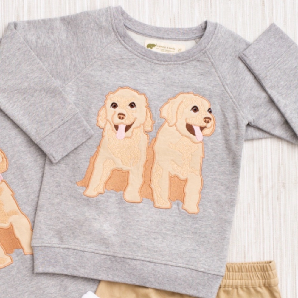 Monica + Andy grey crewneck dog patch goldens doodles 4T